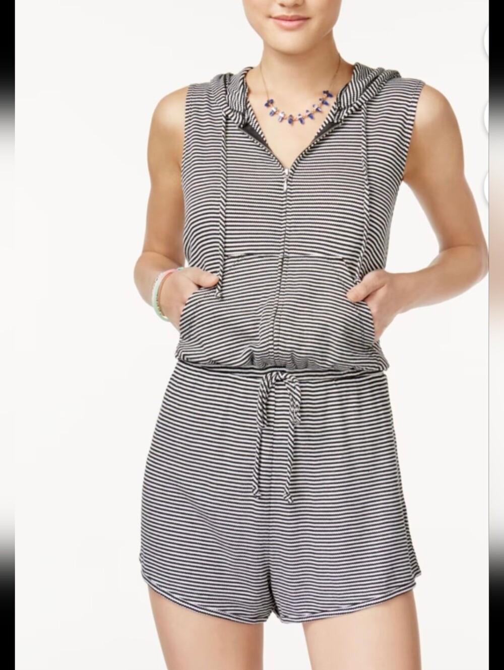Hem & Thread Black and White Striped Sleeveless Romper with Hood